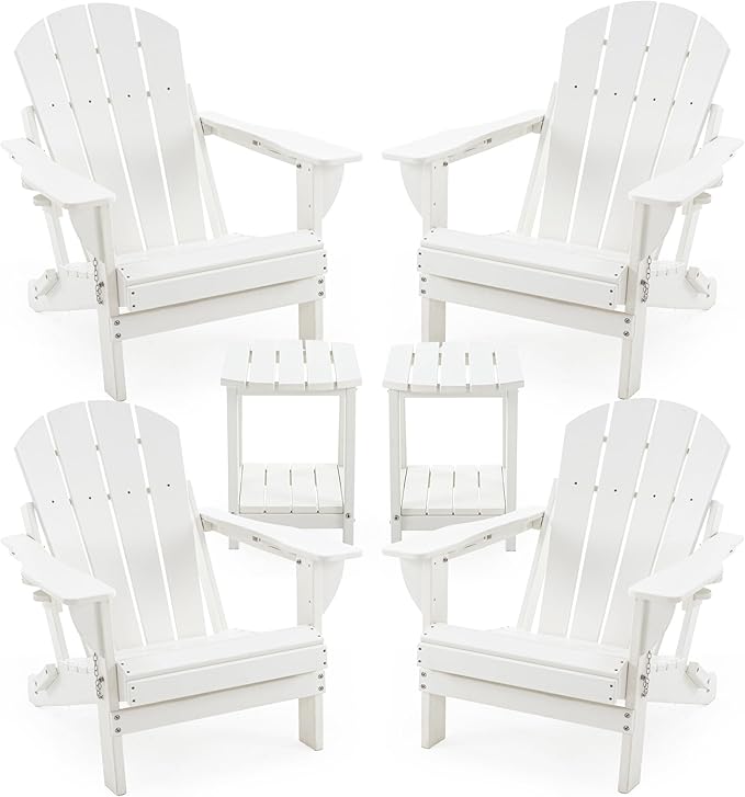 Folding Adirondack Chair Set with Side Table - HDPE Outdoor Patio Chairs, Weatherproof Chair with Reclining Back, Cup & Phone Holder, and 2-Tier Storage End Table for Firepit or Garden (White)