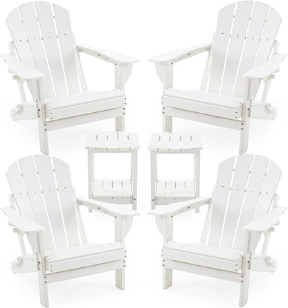 Folding Adirondack Chair Set with Side Table - HDPE Outdoor Patio Chairs, Weatherproof Chair with Reclining Back, Cup & Phone Holder, and 2-Tier Storage End Table for Firepit or Garden (White)