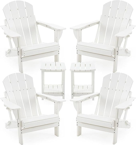 Folding Adirondack Chair Set with Side Table - HDPE Outdoor Patio Chairs, Weatherproof Chair with Reclining Back, Cup & Phone Holder, and 2-Tier Storage End Table for Firepit or Garden (White)