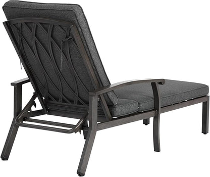 Chaise Lounge Chair Outdoor Cast Aluminum Reclining Lounger with Cushion, 5-Position Adjustable Backrest, Waterproof Padded Seat, Hidden Wheels, Elegant Poolside Garden Patio Seating (Grey)