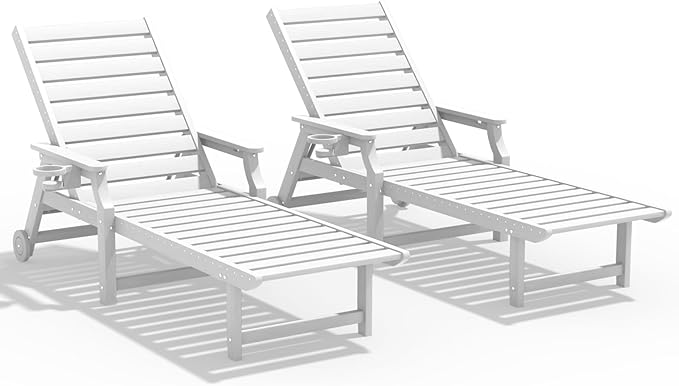 5-Position Adjustable Patio Chaise Lounge - 78'' HDPE Outdoor Lounger with Rolling Wheels & Cup Holder, Longer, Wider, Higher - Perfect for Poolside & Deck, White, 2pcs