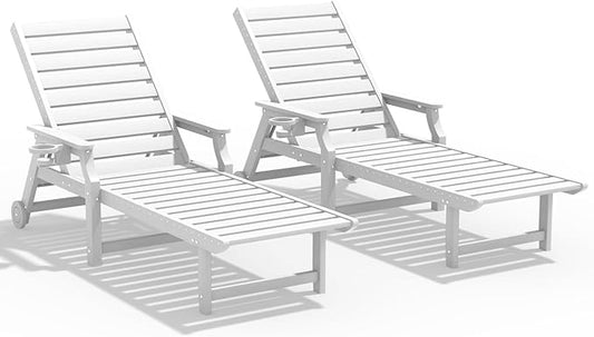 5-Position Adjustable Patio Chaise Lounge - 78'' HDPE Outdoor Lounger with Rolling Wheels & Cup Holder, Longer, Wider, Higher - Perfect for Poolside & Deck, White, 2pcs