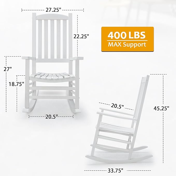 Wooden Rocking Chair Outdoor Oversized Porch Rocker Chair,Patio Wooden Rocker with High Back and Armrest,All Weather Rocker Slatted for Backyard,Garden,400 lbs Support,White
