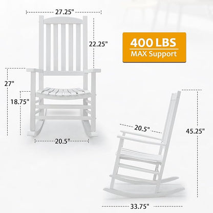 Wooden Rocking Chair Outdoor Oversized Porch Rocker Chair,Patio Wooden Rocker with High Back and Armrest,All Weather Rocker Slatted for Backyard,Garden,400 lbs Support,White