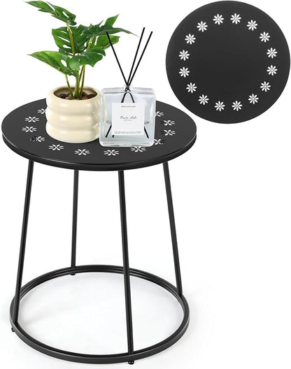 Outdoor Side Table with Flower Cut Outs 14" Weather Resistant Metal Patio Side Tables Small Plant Stand Round Outdoor End Table for Patio Outside Porch Balconies Garden(Black,Daisy)