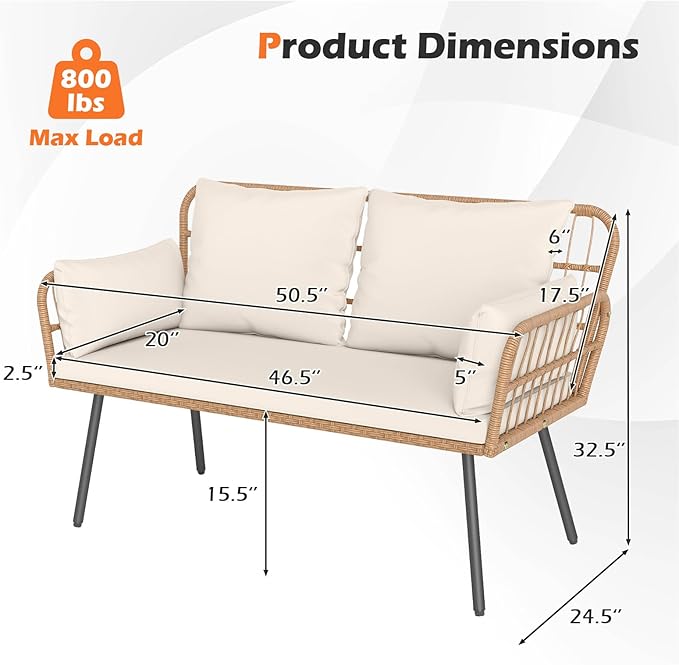 HAPPYGRILL Patio Loveseat Sofa Rattan Wicker 2-Seater Couch with Cushions & Lumbar Pillows, Metal Legs, Outdoor Furniture for Balcony, Porch, Deck (Off White)