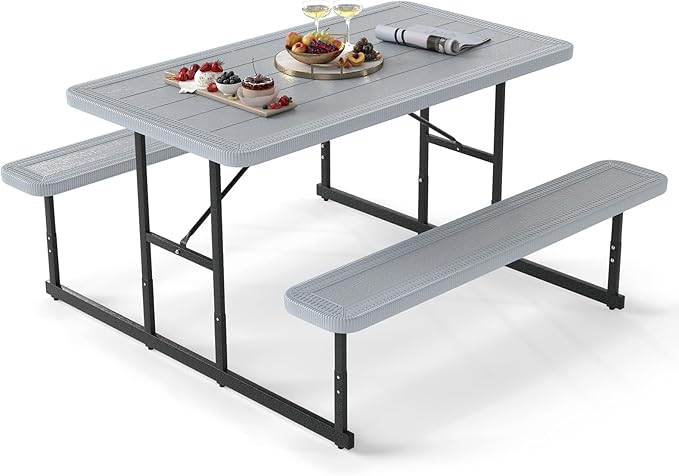 Giantex Picnic Table Bench Set for 4 People, 4.5FT Outdoor Rectangular Dining Table & 2 Benches w/Umbrella Hole - Photo 1