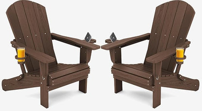 SERWALL Adirondack Chair with Cup Holders - Composite Adirondack Chairs Set of 2 HDPE Outdoor Chairs All Weather Use- Coffee