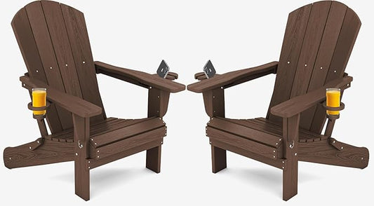 SERWALL Adirondack Chair with Cup Holders - Composite Adirondack Chairs Set of 2 HDPE Outdoor Chairs All Weather Use- Coffee