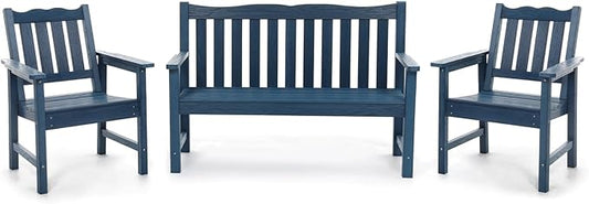 Stoog Outdoor Bench & Chairs Set, All-Weather Patio Furniture Set, Include 2 Patio Chairs and 1 Patio Bench, for Porch, Backyard, Lawn, and Garden, Blue