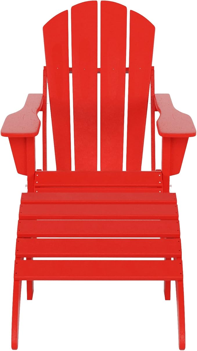 WO Home Furniture Adirondack Chair Outdoor Ottoman Set of 2 PCS Classic Patio Furniture (Red)