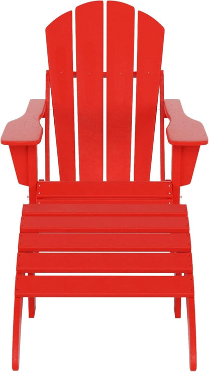 WestinTrends Malibu Outdoor Lounge Chair, 2-Pieces Adirondack Chair Set with Ottoman, All Weather Poly Lumber Patio Lawn Folding Chairs for Outside Pool Garden Backyard Beach, Red