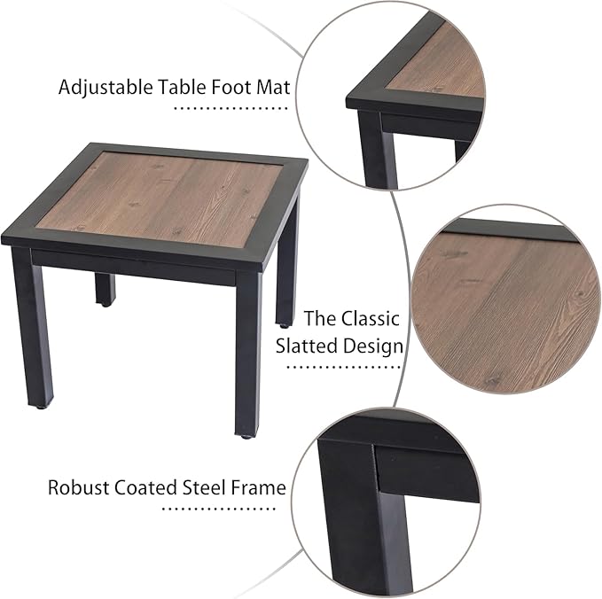 LOKATSE Home Outdoor Square Metal Coffee Side Table Patio Furniture with Wood Grain Top for Backyard, Deck, Lawn, Garden