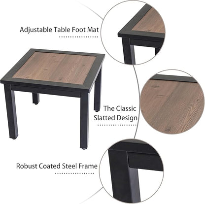 LOKATSE Home Outdoor Square Metal Coffee Side Table Patio Furniture with Wood Grain Top for Backyard, Deck, Lawn, Garden