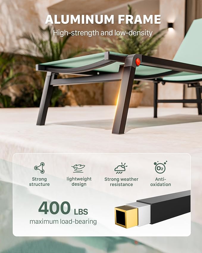 Aluminum Patio Chaise Lounge Chair Set of 2 with Side Table,5-Position Adjustable Backrest,Foldable Lounge Chair Outdoor,Pool Lounge Chairs for Poolside,Lawn,Deck,Beach (Green, 2 Pack+Table)