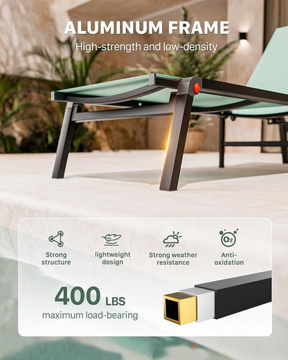 Aluminum Chaise Foldable Patio Lounge Chair Outdoor, Metal Deck Lounger Adjustable 5-Position Recliner Pool Chase Breathable Full Flat Outside Sun Tanning Chairs for Beach/Poolside/Lawn(Green, 1Pack)
