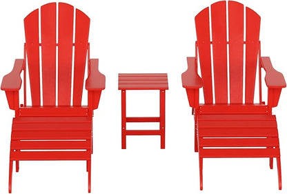 WestinTrends Malibu Outdoor Lounge Chairs Set, 5-Pieces Adirondack Chair Set of 2 with Ottoman and Side Table, All Weather Poly Lumber Patio Lawn Folding Chair for Outside, Red