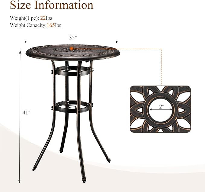 VINGLI 32" Outdoor Bar Table, Patio Bar Height Table with Umbrella Hole, Round High Top Table - Photo 3