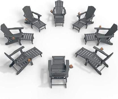 Adjustable Adirondack Chairs with Retractable Ottoman Set of 8, HDEP Folding Adirondack Chair with Footrest & Cup Holder, All Weather Fire Pit Chair for Outdoor,Grey