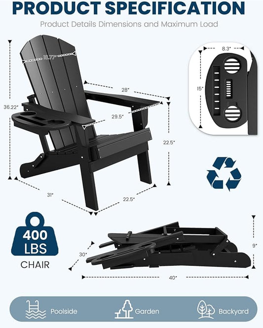 FOOWIN Folding Adirondack Chair Set of 8, HDPE Adirondack Chairs with Cup Holder, Weather Resistant Plastic Fire Pit Chairs for Outdoor, Patio, Lawn, Garden, Backyard, Deck, Black