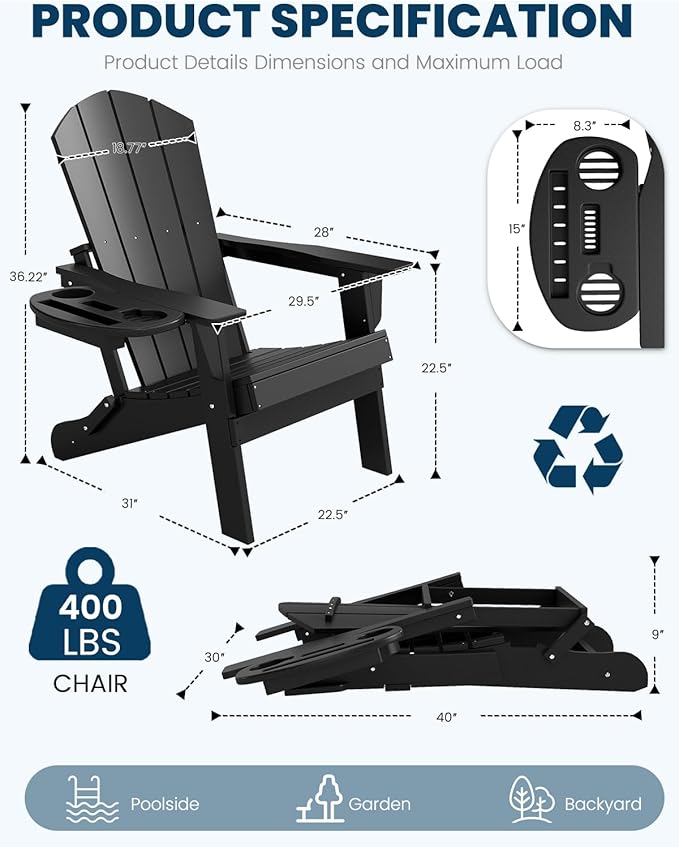FOOWIN Folding Adirondack Chair Set of 2, HDPE Adirondack Chairs with Cup Holder - Photo 2