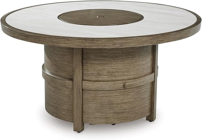 Signature Design by Ashley Rainier Ranch Contemporary Sintered Stone Tabletop Outdoor Fire Pit Table with Pedestal Base - Photo 1