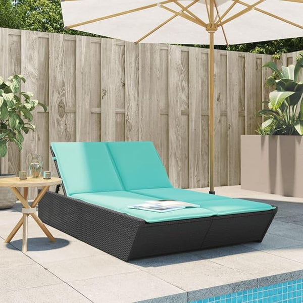 Outdoor Double Chaise Lounge with Turquoise Cushions, 4-Position Adjustable PE Rattan Backrest - Photo 1