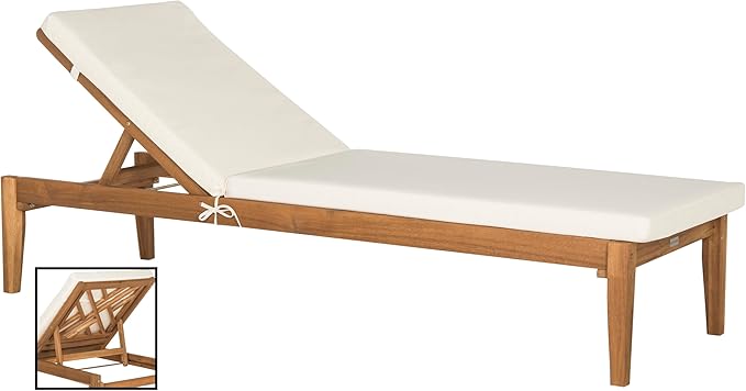 SAFAVIEH Outdoor Collection Azusa Natural Solid Wood/Beige Cushion Adjustable Chaise Lounge Chair (PAT6729A)