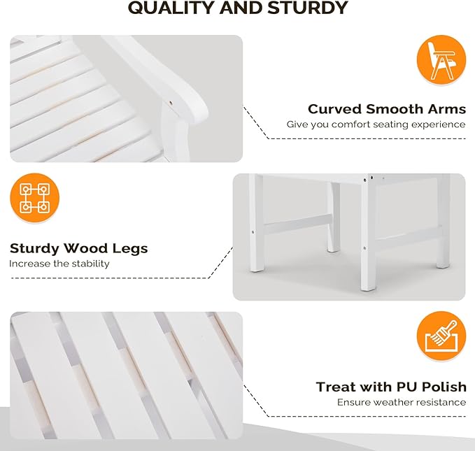 VINGLI Outdoor Dining Chairs Set of 4, Heavy Duty 330 LBS Wooden Patio Chairs with Comfortable Backrest, Solid Wood Patio Dining Chairs Garden Chairs for Yard, Front Porch and Deck (White, 4 PCS)