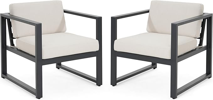Christopher Knight Home Navan Set of 2 Outdoor Patio Club Chairs with Cushions, Aluminum Outdoor Armchair, Garden Sofa Lounge Chairs, Patio Conversation Set for Porch Backyard Garden, Beige+Black