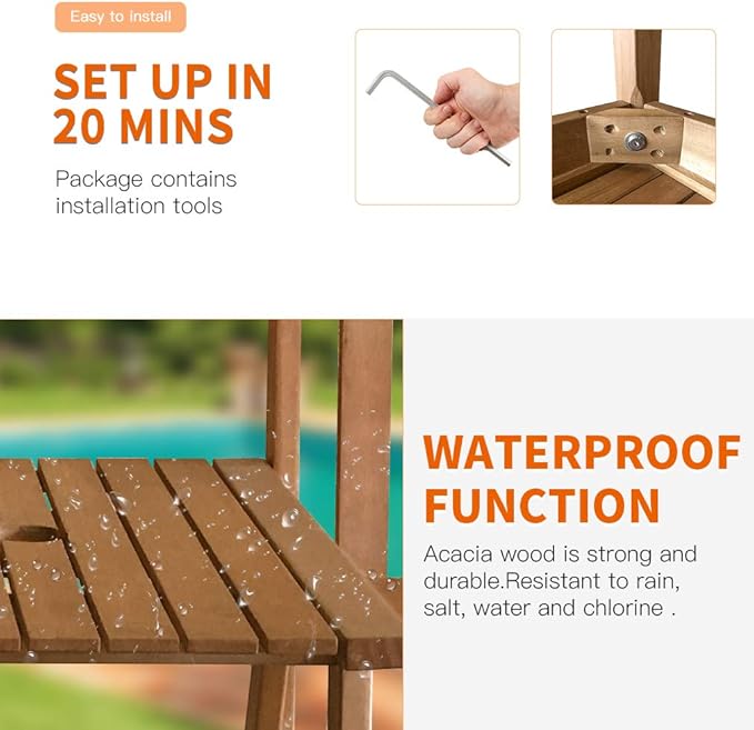 FDW Outdoor Patio Bench Wood Garden Bench Park Bench Acacia Wood with Table for Pool Beach Backyard Balcony Porch Deck - Photo 5