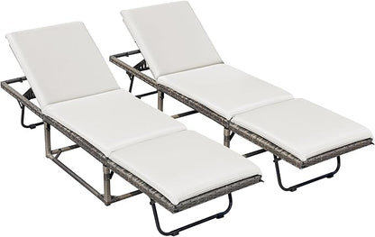 Devoko Lounge Chair Foldable Rattan Chaise Lounge 2-Pack, 5-Angle Adjustable Backrest Patio Chairs for Beach, Patio, Poolside (White)