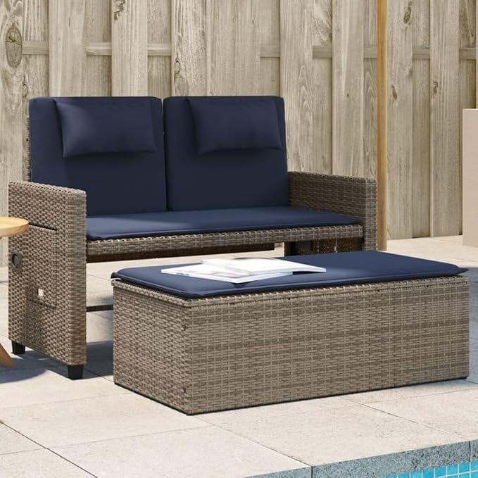 Garden Bench Deck Bench Reclining Patio Bench with Cushions Gray Poly Rattan
