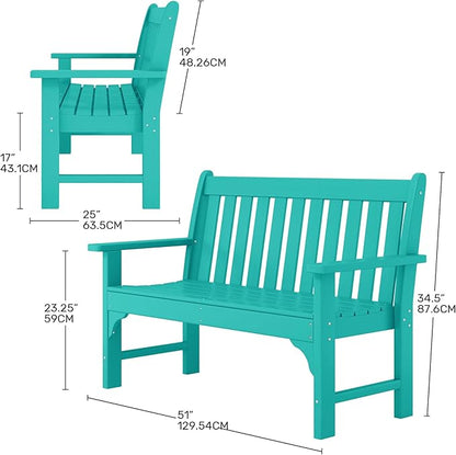 Costaelm Garden Bench, Farmhouse Park Front Porch for Entryway Bench Outdoor Seating Low Bench Patio Bench Outside/Indoor, Turquoise