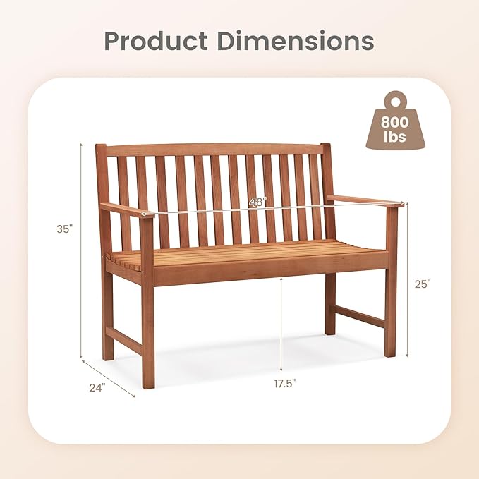 Giantex Outdoor Bench, Wood Patio Bench with Cozy Armrests & Backrest, Slatted Sitting Area, Eucalyptus Wood Frame - Photo 3