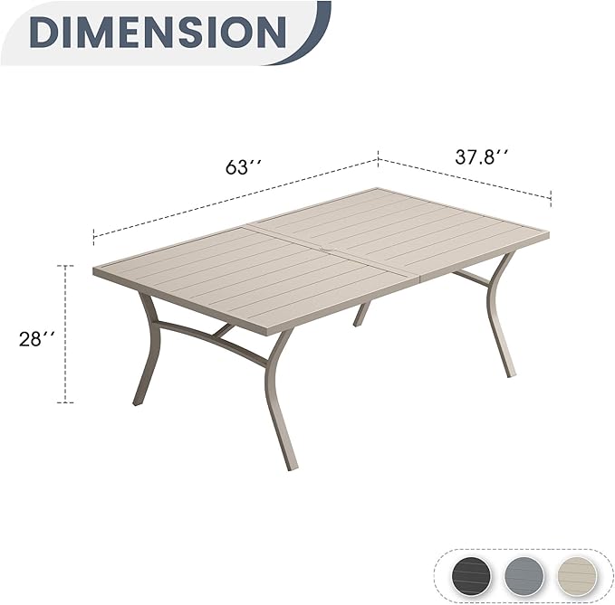 VICLLAX 63" Patio Dining Table for 6, Outdoor Rectangular Metal Table with Umbrella Hole for Porch Backyard Garden Deck, Sandshell