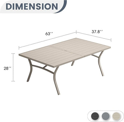 VICLLAX 63" Patio Dining Table for 6, Outdoor Rectangular Metal Table with Umbrella Hole for Porch Backyard Garden Deck, Sandshell