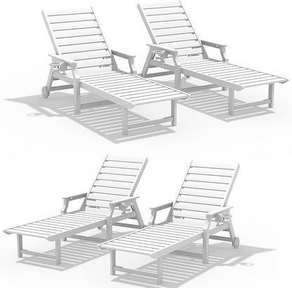 5-Position Adjustable Patio Chaise Lounge - 78'' HDPE Outdoor Lounger with Rolling Wheels & Cup Holder, Longer, Wider, Higher - Perfect for Poolside & Deck, White, 4pcs