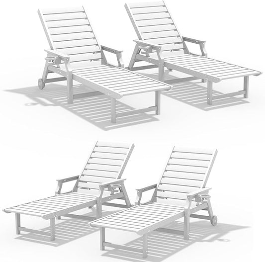5-Position Adjustable Patio Chaise Lounge - 78'' HDPE Outdoor Lounger with Rolling Wheels & Cup Holder, Longer, Wider, Higher - Perfect for Poolside & Deck, White, 4pcs