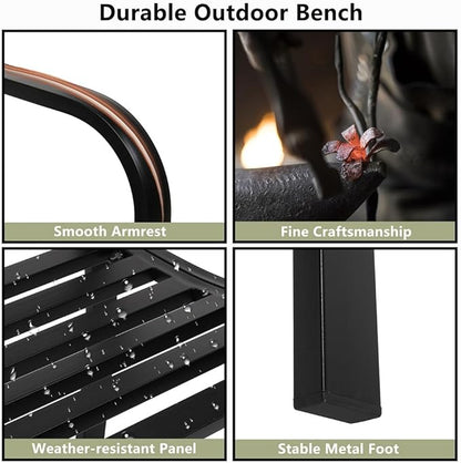 50" Outdoor Garden Bench, Cast Iron Metal Frame Patio Park Bench with PVC Welcome Pattern Backrest,Arch Legs for Park Yard Front Porch Path Yard Lawn Decor Deck Furniture, Black