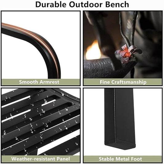 50" Outdoor Garden Bench, Cast Iron Metal Frame Patio Park Bench with PVC Welcome Pattern Backrest,Arch Legs for Park Yard Front Porch Path Yard Lawn Decor Deck Furniture, Black