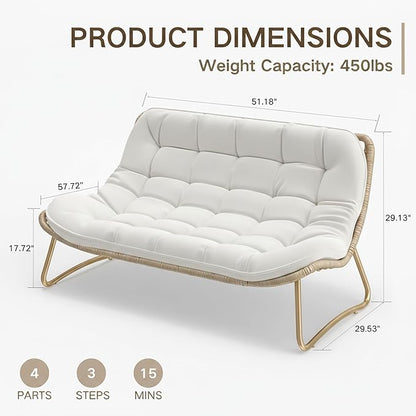 Kingdura Outdoor Wicker Papasan Egg Chair, Outdoor Loveseat, 2 Seater Oversized Patio Lounge Recliner with Thick Cushion, All-Weather Comfy Chaise Chair for Balcony, Porch, Pool & Indoor, Beige