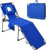 Tanning Chair with Face Hole Folding Beach Lounge Chair, 5-Position Adjustable Backrest, Pillow & Side Pocket - Photo 1