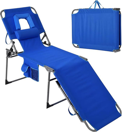 Tanning Chair with Face Hole Folding Beach Lounge Chair,5-Position Adjustable Backrest, Pillow & Side Pocket,Portable Face Down Chaise Lounge for Outdoor Backyard Poolside,Beach, Patio,Blue
