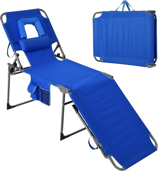 Tanning Chair with Face Hole Folding Beach Lounge Chair,5-Position Adjustable Backrest, Pillow & Side Pocket,Portable Face Down Chaise Lounge for Outdoor Backyard Poolside,Beach, Patio,Blue