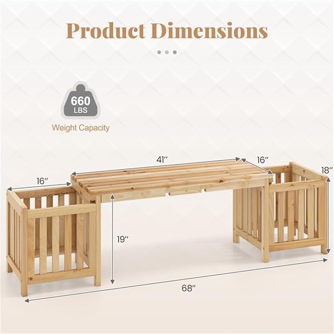 Wooden Garden Bench with Planter Boxes, Outdoor Patio Seat with Built-in Flower Pots, Rustic Elevated Planter Bench for Yard, Lawn, Backyard Seating & Gardening, Wooden Garden Benches with Planters
