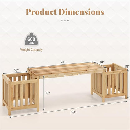 Wooden Garden Bench with Planter Boxes, Outdoor Patio Seat with Built-in Flower Pots, Rustic Elevated Planter Bench for Yard, Lawn, Backyard Seating & Gardening, Wooden Garden Benches with Planters