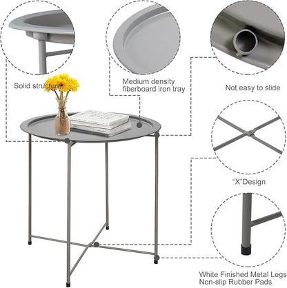 Garden 4 you End Table Metal Side Table Grey Round Folding Tray Cyan Sofa Small Accent Fold-able Table, Round End Table Tray, Next to Sofa Table, Snack Table for Living Room and Bed Room