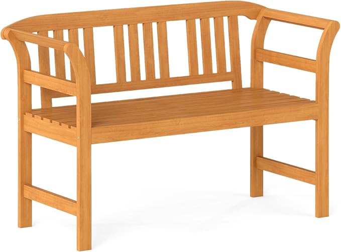 Tangkula Acacia Wood Outdoor Bench with Slatted Backrest, 2-Person Patio Wood Bench with Curved Armrests, Slatted Seat, Garden Bench Loveseat for Park, Yard, Lawn, Patio, 800 LBS Max Load