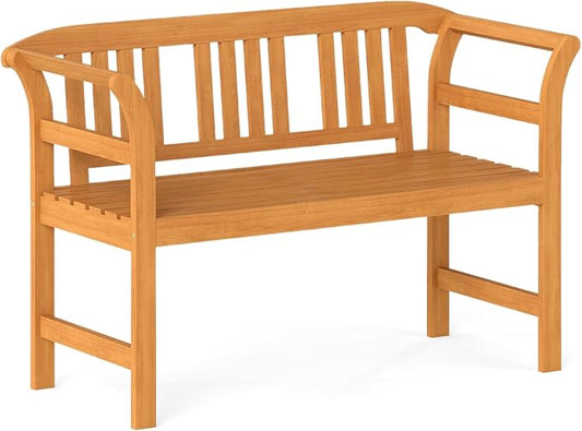 Tangkula Acacia Wood Outdoor Bench with Slatted Backrest, 2-Person Patio Wood Bench with Curved Armrests, Slatted Seat, Garden Bench Loveseat for Park, Yard, Lawn, Patio, 800 LBS Max Load